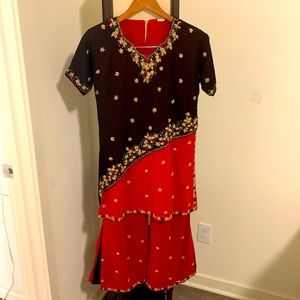 Indian/Pakistani 3 piece embroidered pant suit red/black